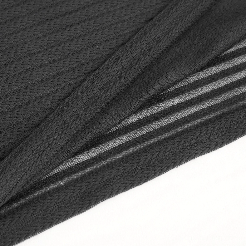 Draped striped knit fabric of gothic hoodie showing soft woven texture and stripe pattern