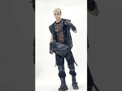 Full front view of male model in complete gothic punk outfit featuring black pentagram messenger bag as statement accessory