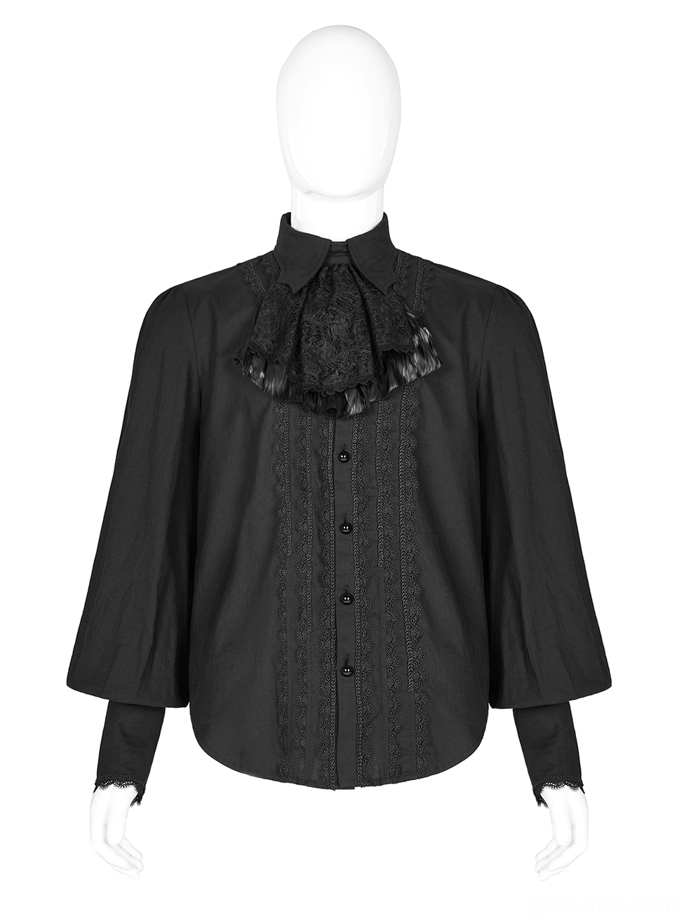 Black gothic ruffled shirt mannequin front shot with lace front panel and buttoned cuffs