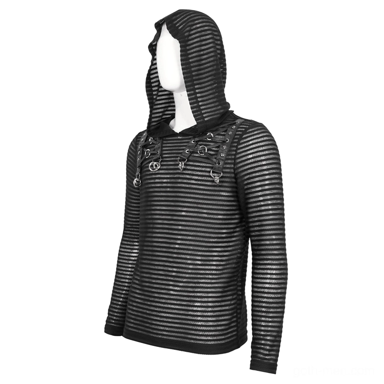 Punk gothic striped hoodie with cowl neck three-quarter view showing lace-up construction