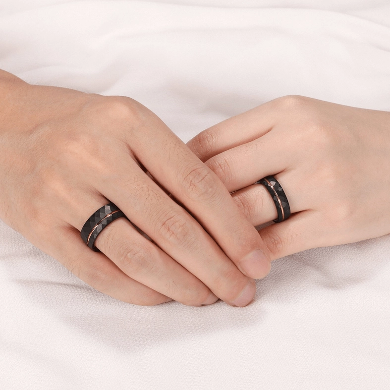 Dark gothic rhombus patterned ring in tungsten steel with rose gold accent stripe