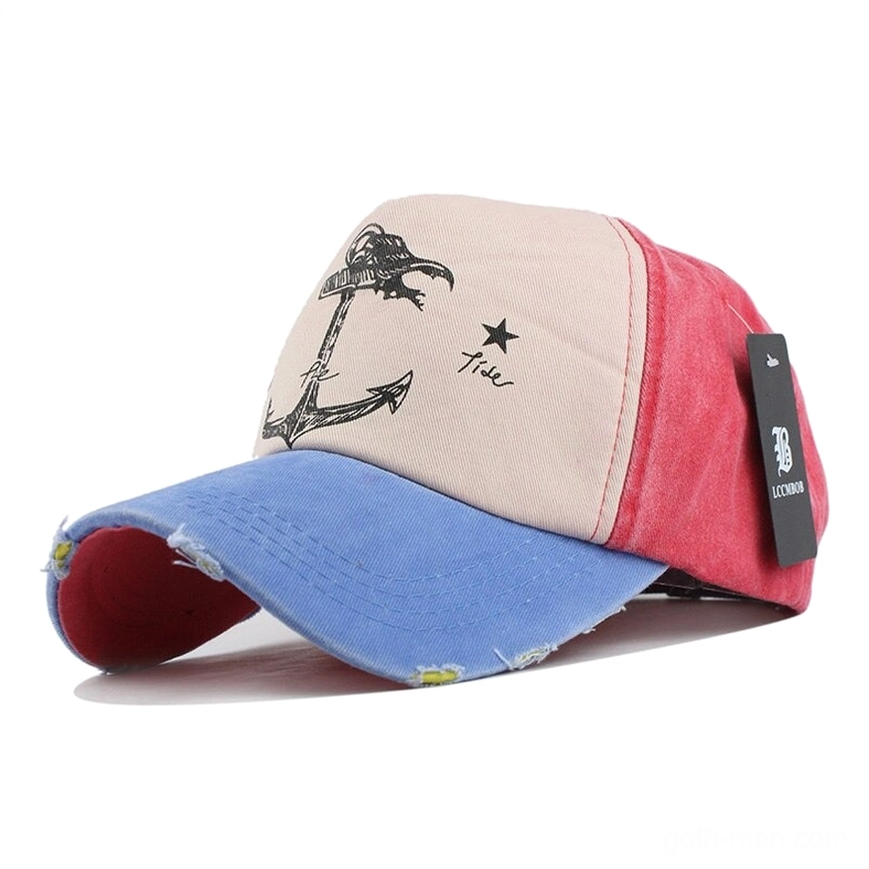 Blue and red color-blocked gothic baseball cap with anchor print and frayed brim detail