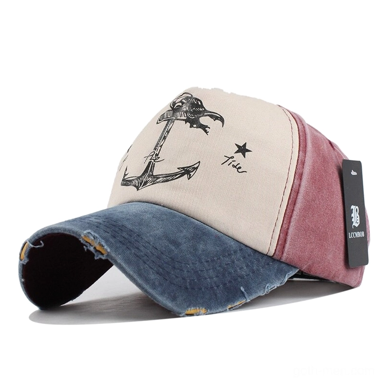 Navy and red 5-panel cotton cap with nautical anchor design and distressed fabric edges