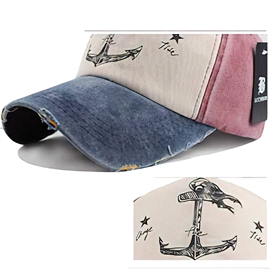 Close-up detail of anchor print on blue-pink distressed gothic snapback cap