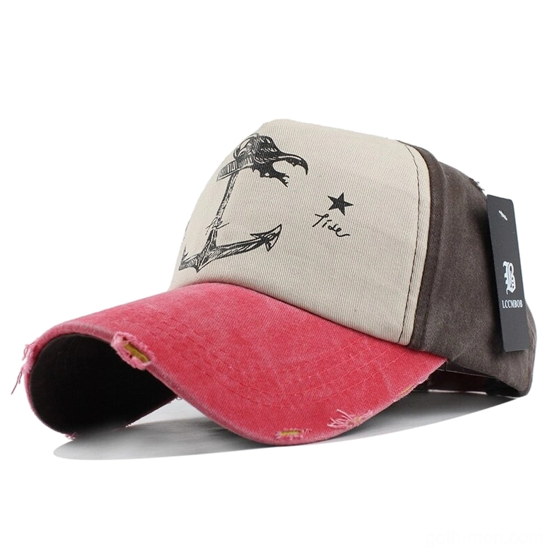 Rose red and brown gothic baseball cap with anchor print, front right angle view