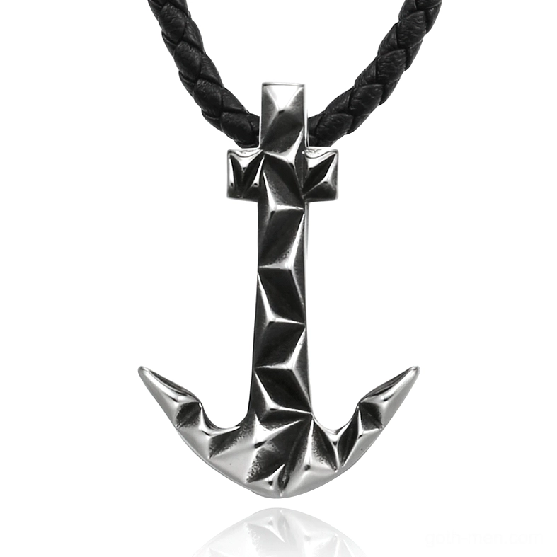 Gothic faceted stainless steel anchor pendant necklace with black braided leather chain, front flat lay view on white background