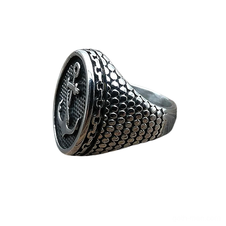 Anchor signet ring angled shot - gothic men's jewelry showing dimensional anchor relief on matte finish