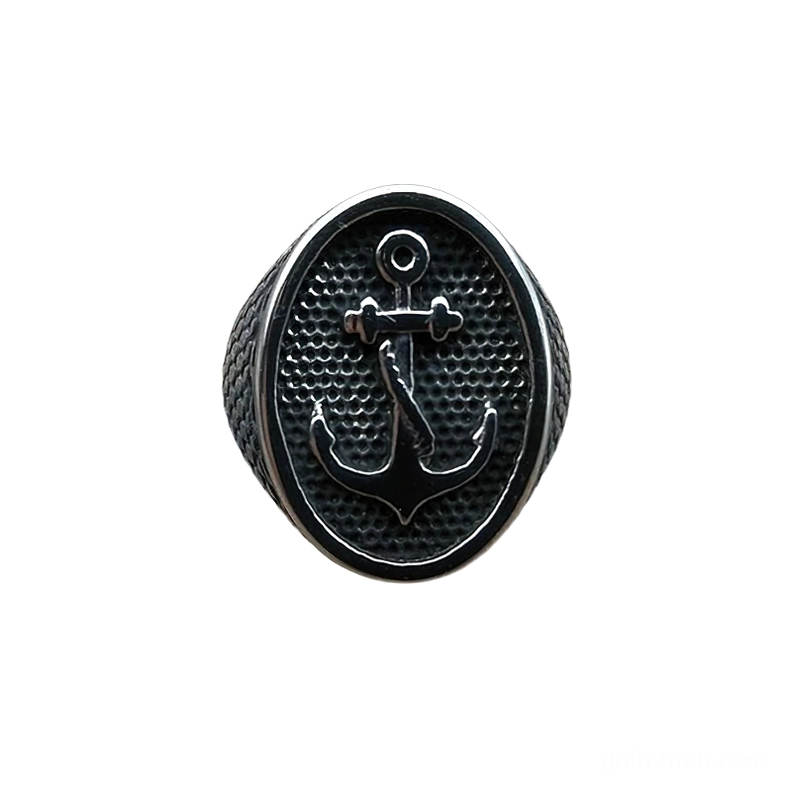 Dark silver anchor ring front view - blackened stainless steel signet ring for men and women