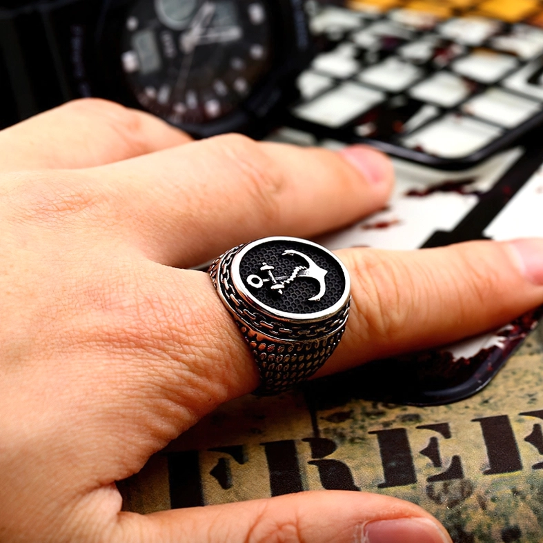 Anchor signet ring lifestyle shot - vintage gothic styling with maritime and dark romantic aesthetic
