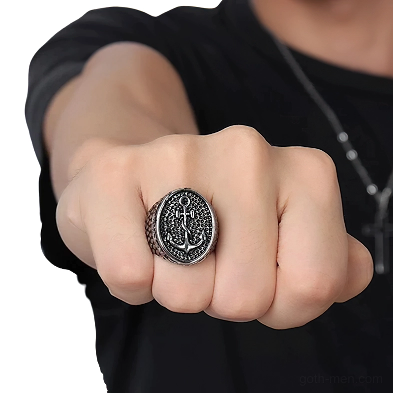 Gothic anchor ring worn on hand - unisex dark aesthetic jewelry in blackened silver finish