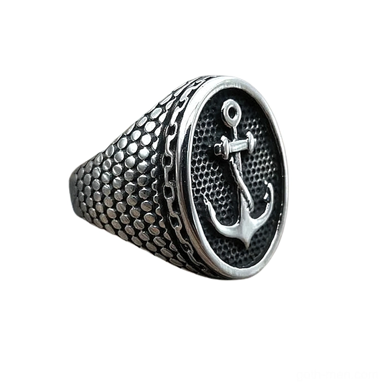 Vintage blackened silver anchor ring side profile - alternative jewelry with detailed chain scale pattern