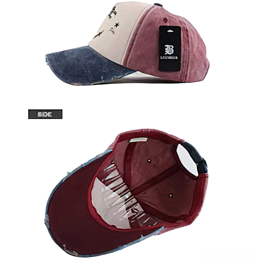 Gothic anchor snapback hat showing side profile and maroon inner lining with adjustable closure