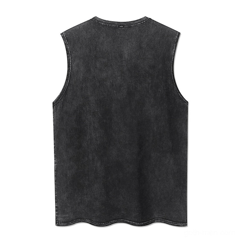 Back view of black gothic anime sleeveless distressed tank top showing clean minimal back design