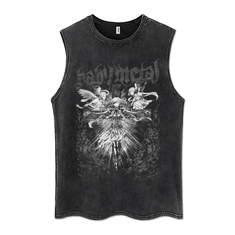 Gothic anime distressed tank top front view with metal print angel graphic on faded black fabric