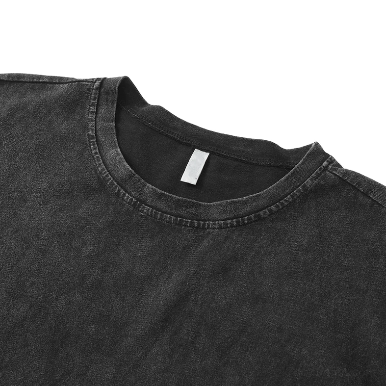 Close-up of crew neck collar and branded inner tag on gothic anime tank top