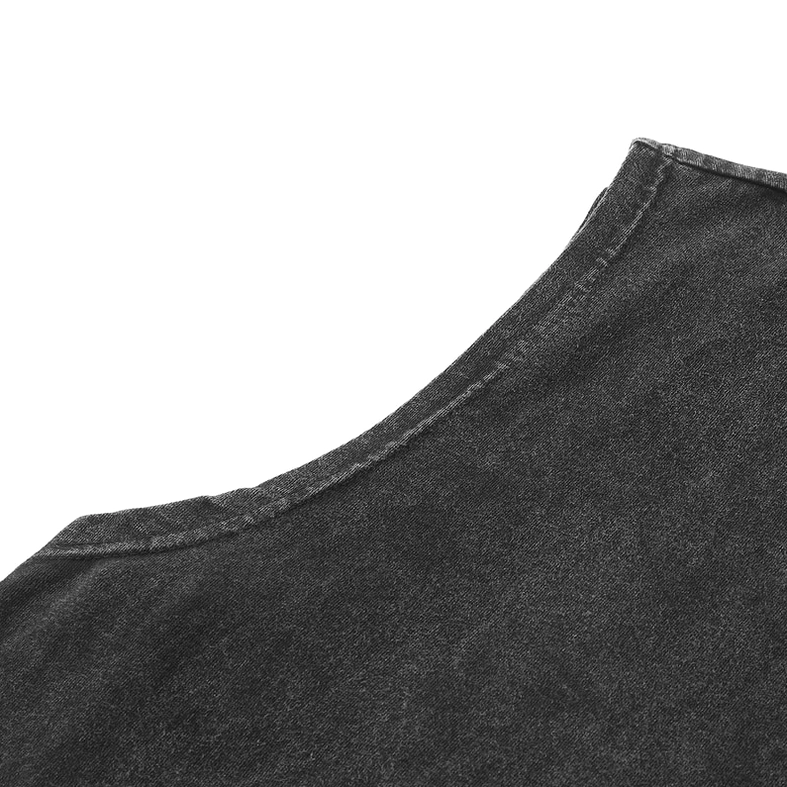Clean crew neck seam construction on right shoulder of gothic anime sleeveless tee