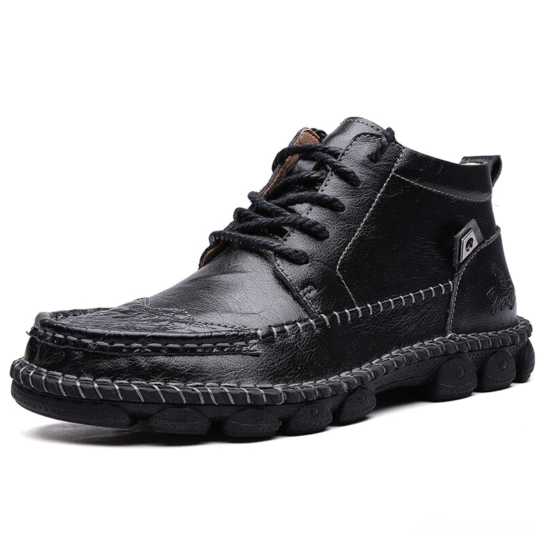Black split leather gothic ankle boots front view - men's waterproof lace-up boots with embossed details