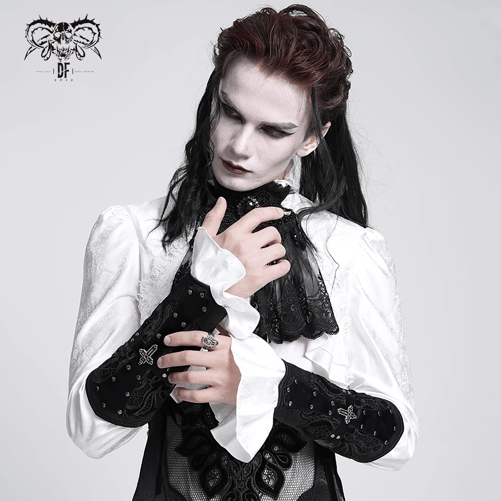 Black gothic arm guard product detail showcasing cross embellishment and premium synthetic leather construction