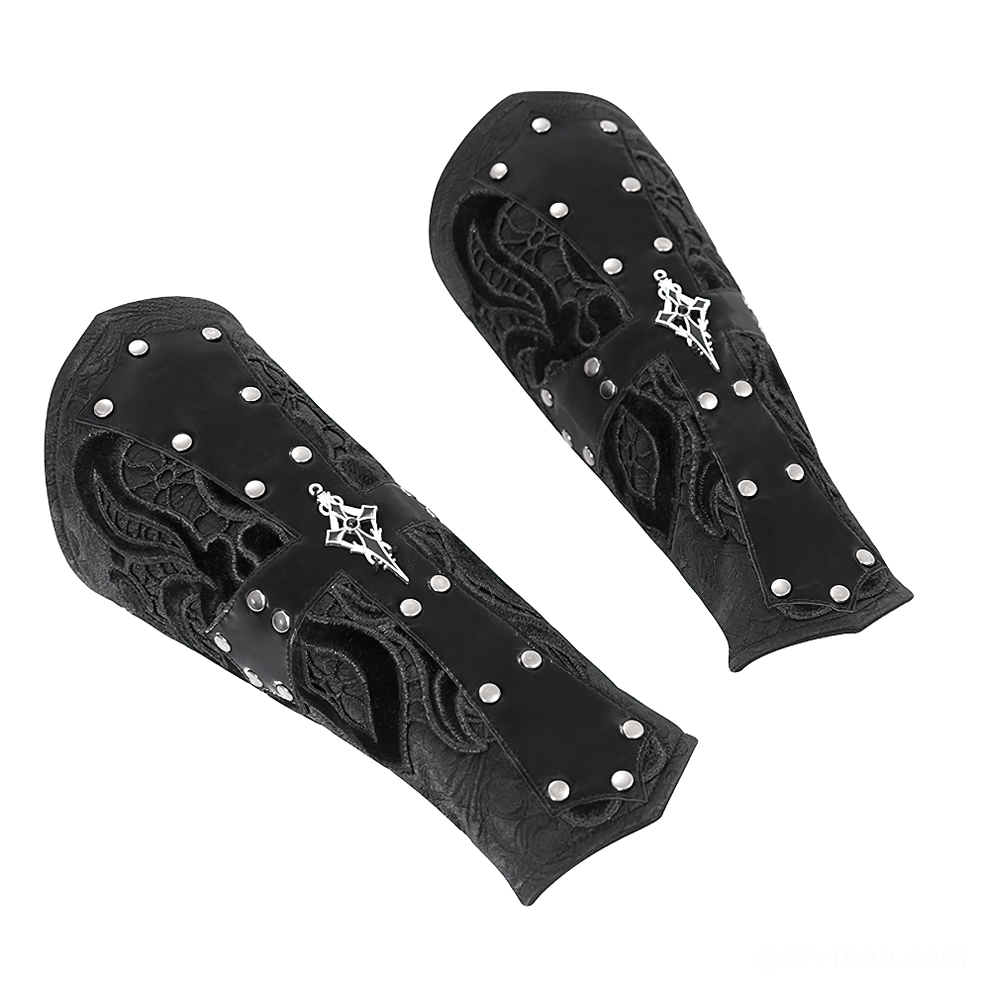 Front flat view of black gothic arm guard pair displaying metal rivets, cross charm, and embroidered lace texture