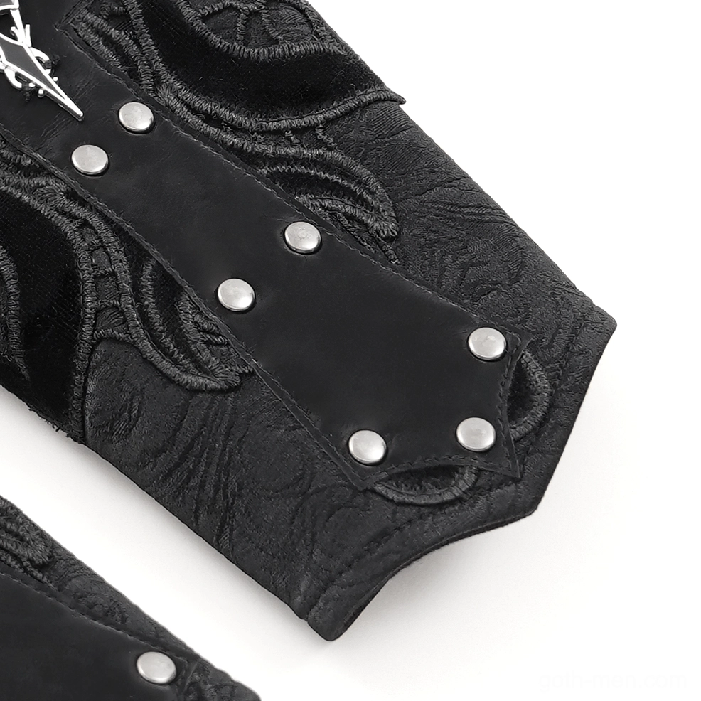 Black gothic lace-up arm guard detail shot highlighting metal hardware, rivets, and adjustment system