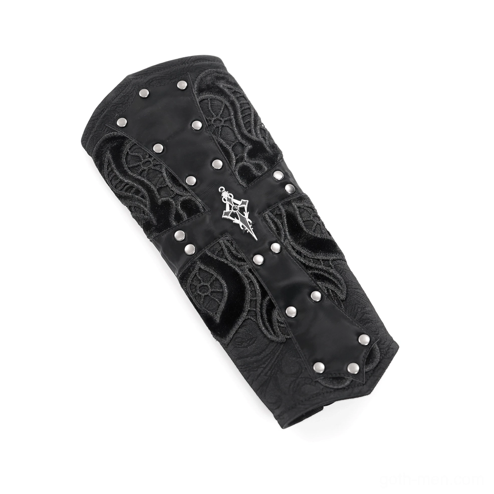 Single black gothic arm guard front flat view with studded rivets, cross ornament, and embossed leather texture