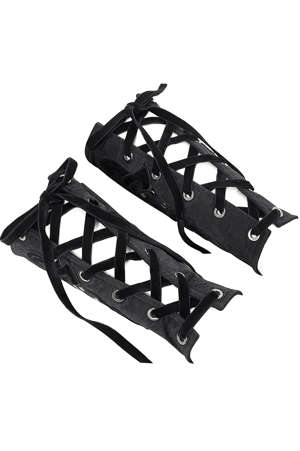 Overhead flat lay of black gothic lace-up arm guards showing corset-style closure and metal eyelet details