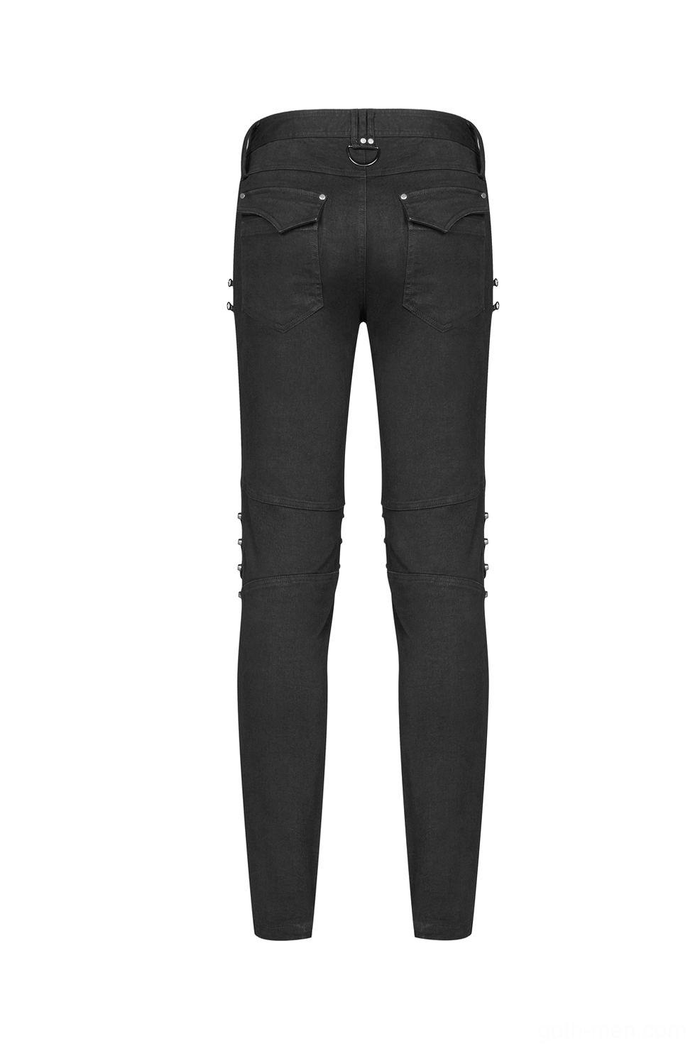 Black gothic denim jeans with layered knee armor - rear flat lay showing back pockets and rivets