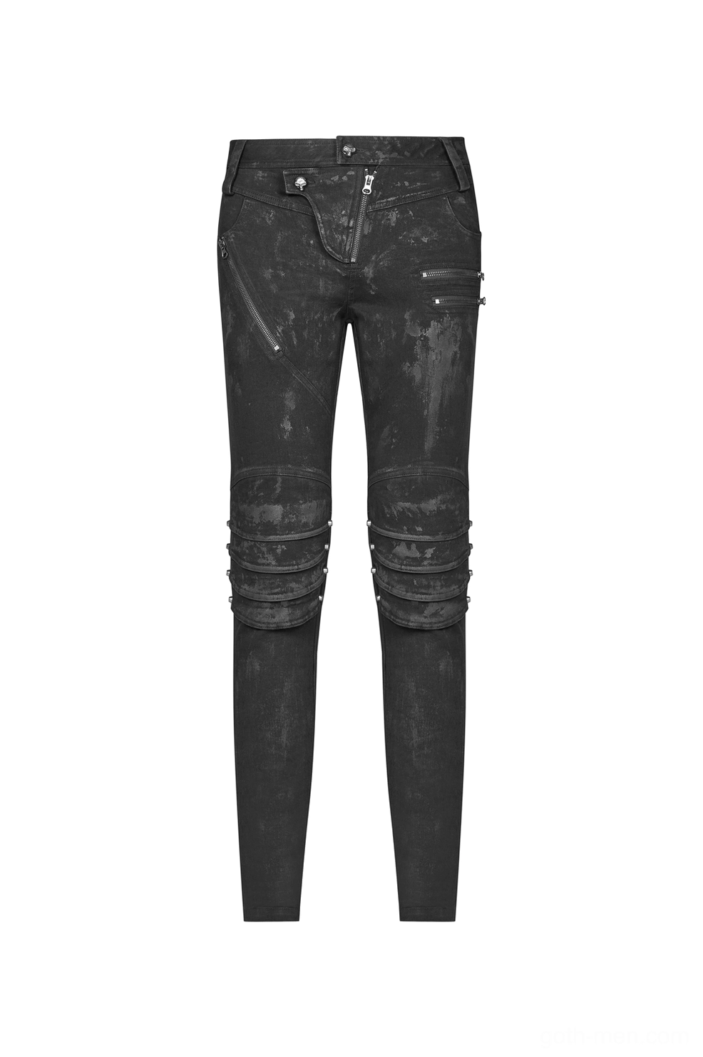 Black gothic jeans with armor knee detail - front flat lay showing zipper pockets and distressing