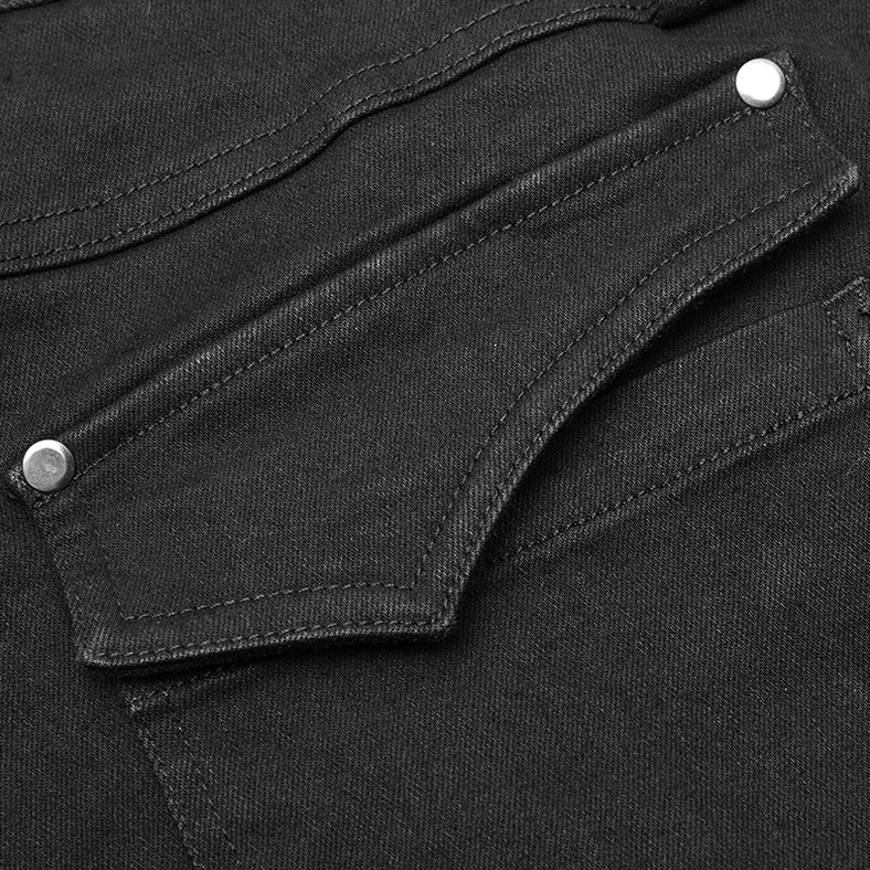 Metal snap button closure detail on black distressed denim flap back pocket