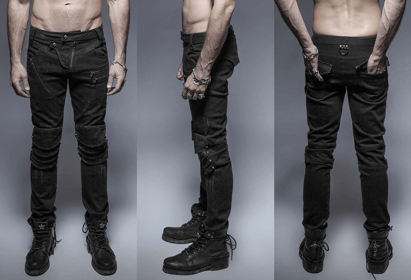 Black distressed gothic denim jeans with armor knee detail - overall product presentation