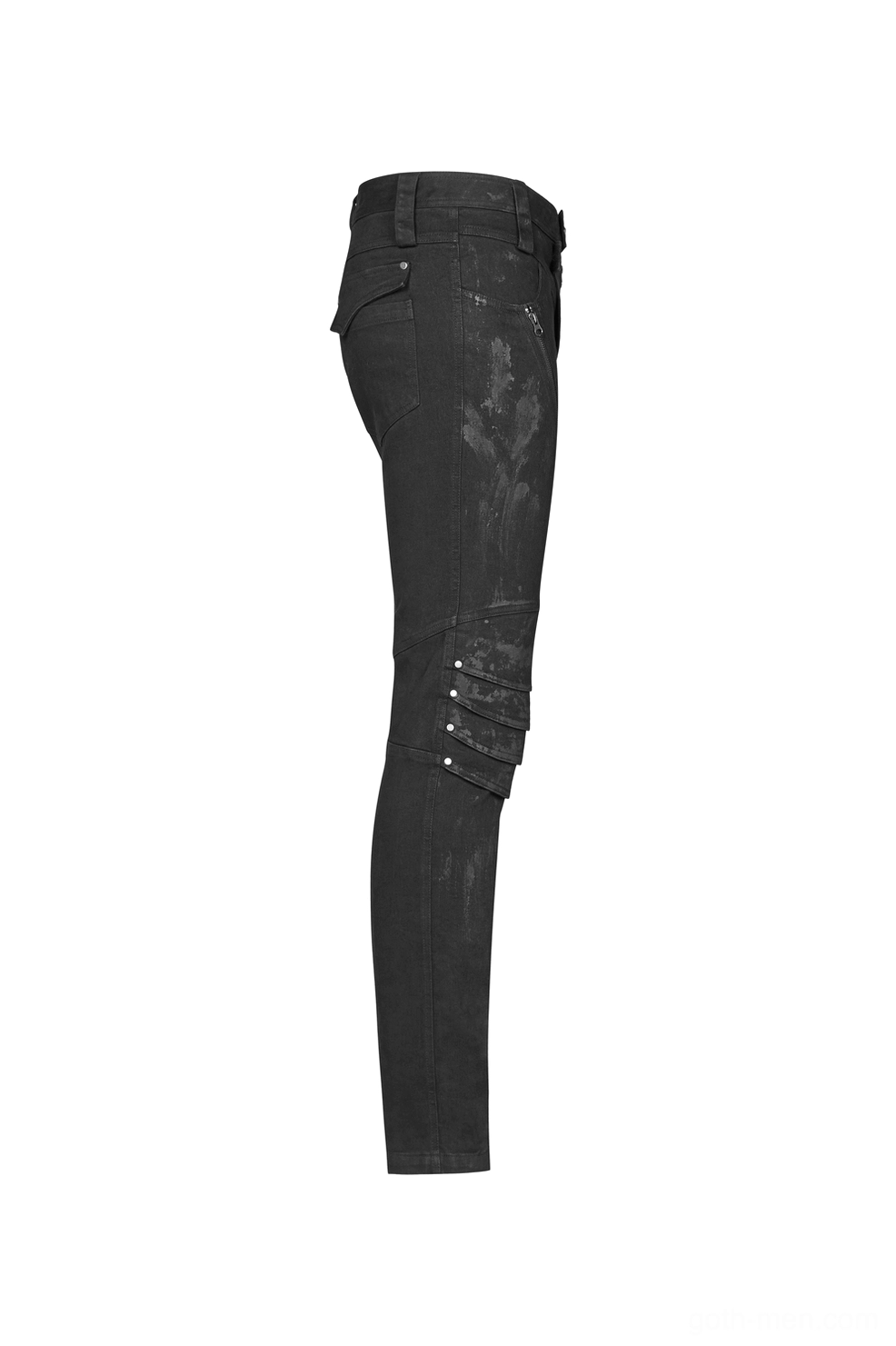 Slim fit black distressed denim with knee armor - side flat lay view showing fit profile