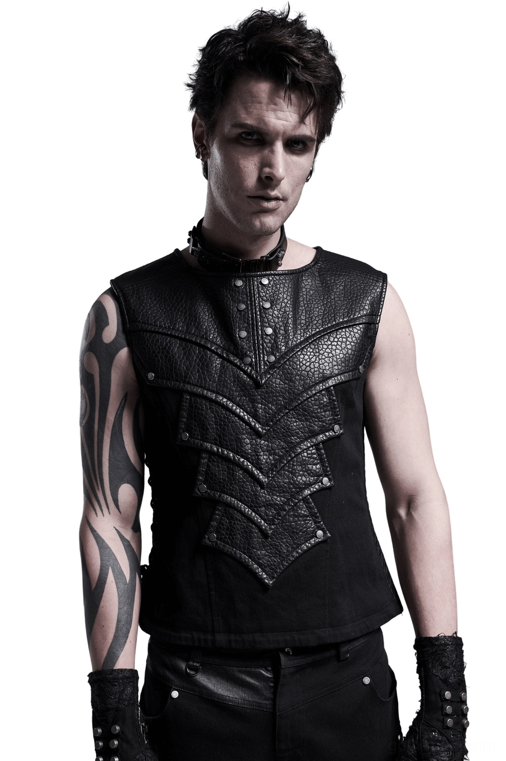 Gothic armor chest protector vest front view on male model with chevron leather panels and metal rivets