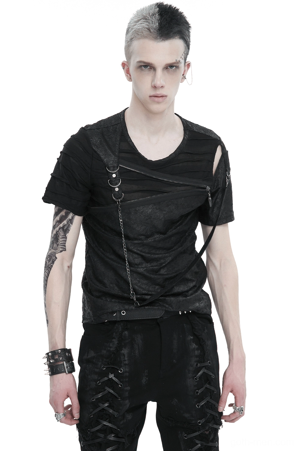 Men's gothic asymmetric cutout black t-shirt with chain harness front view worn by male model