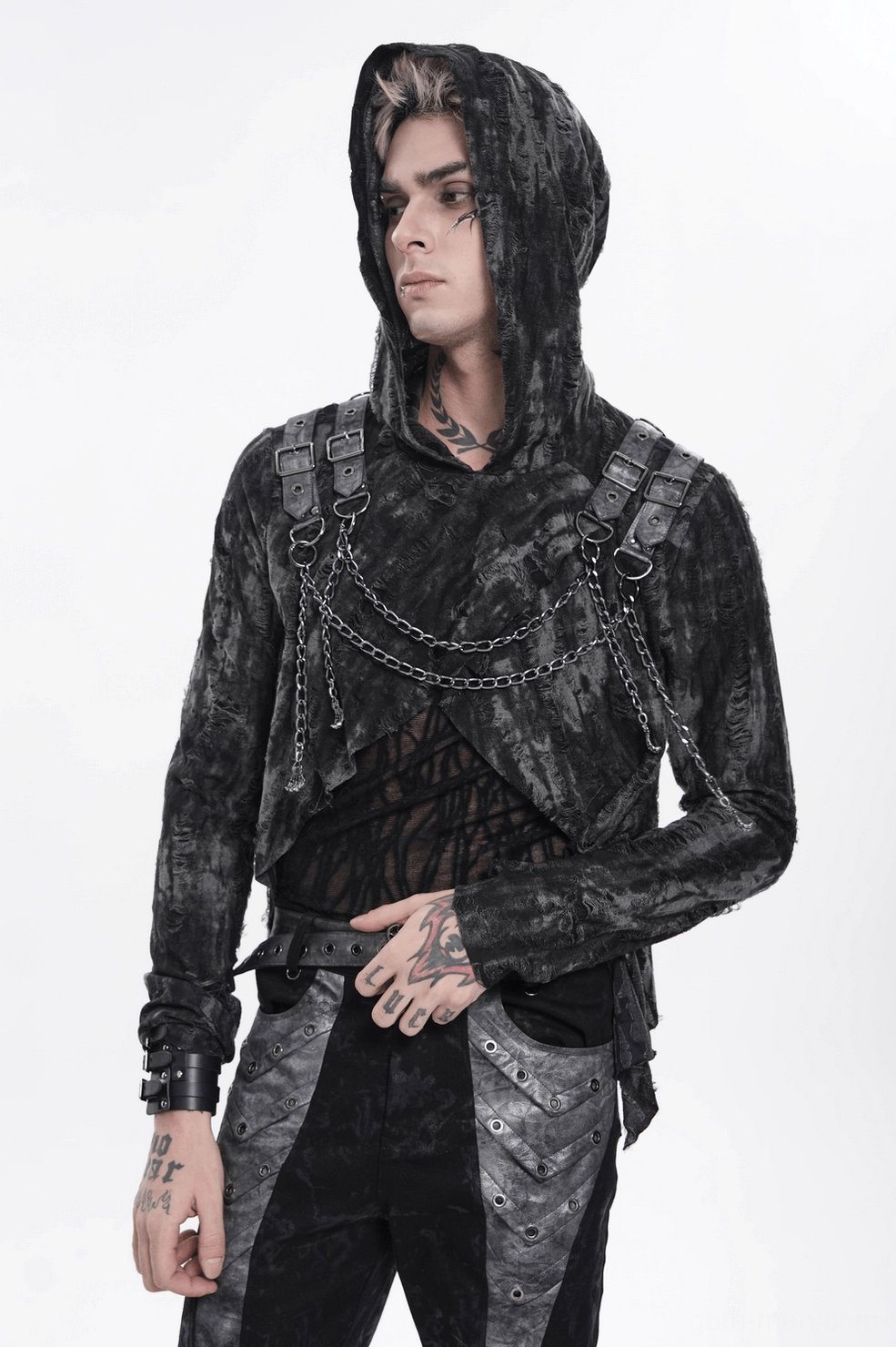 Black gothic chain top with pointed asymmetric hem and distressed burnout fabric texture
