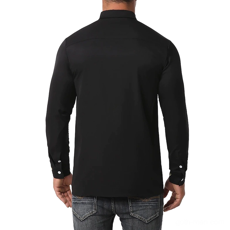 Black gothic embroidered long-sleeve shirt back view with minimalist design