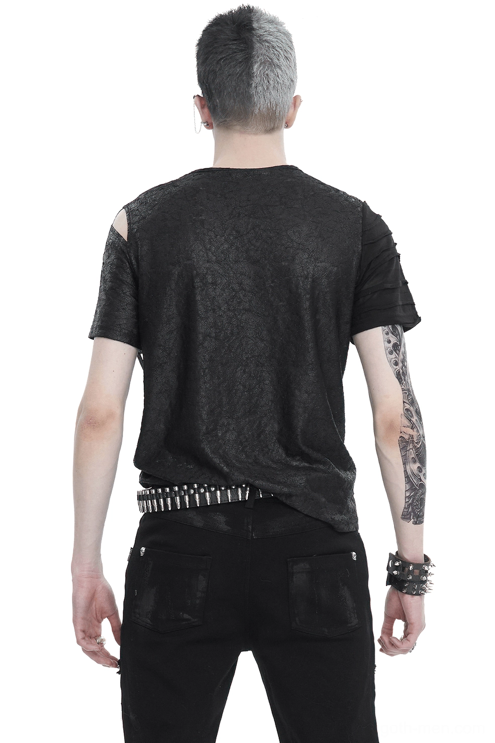 Men's gothic t-shirt back view showing cold shoulder cutout and asymmetrical hem design