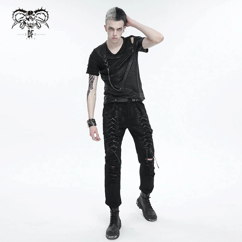 Men's gothic asymmetric t-shirt fabric texture and deconstructed design close examination