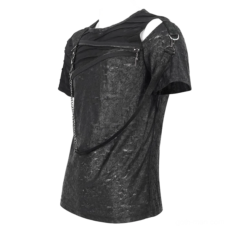 Men's gothic asymmetric t-shirt right side view showing metal hardware and cold shoulder design
