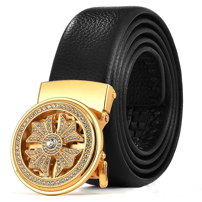 Front view of black leather gothic belt with gold rhinestone-carved buckle against white background