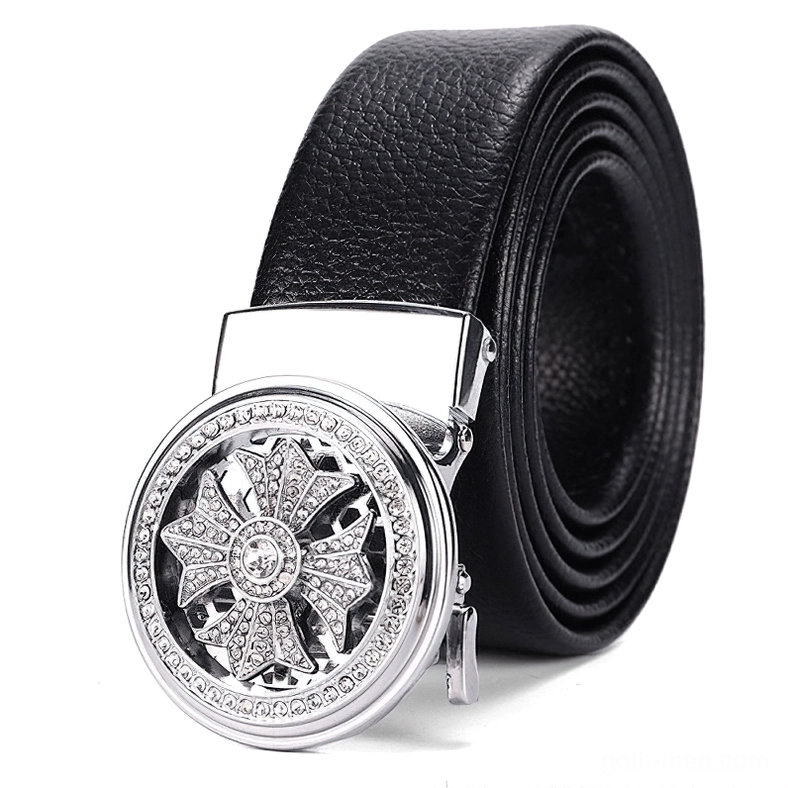 Front view of black leather gothic belt with silver rhinestone-carved buckle against white background