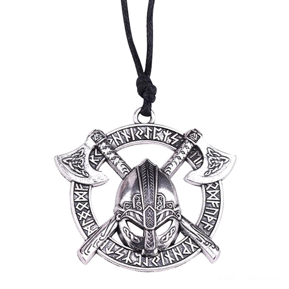 Silver gothic axe warrior pendant necklace with Norse runes, overhead flat lay view