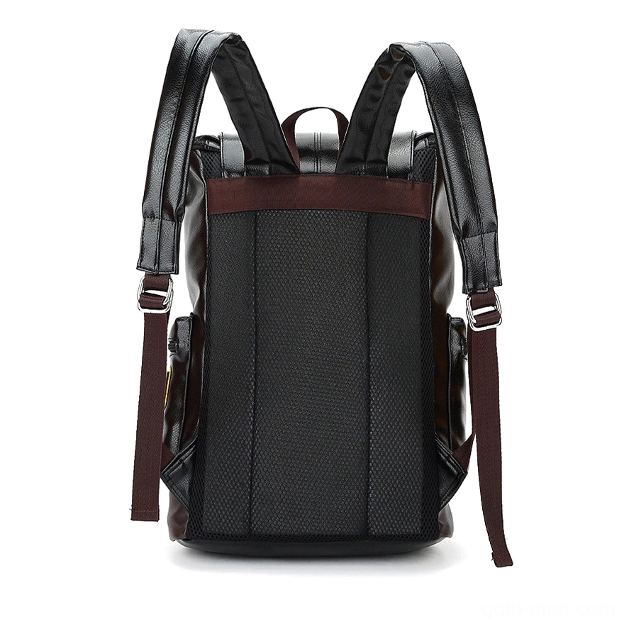 Backpack back panel close-up showing breathable mesh material, padded ergonomic straps, and construction quality