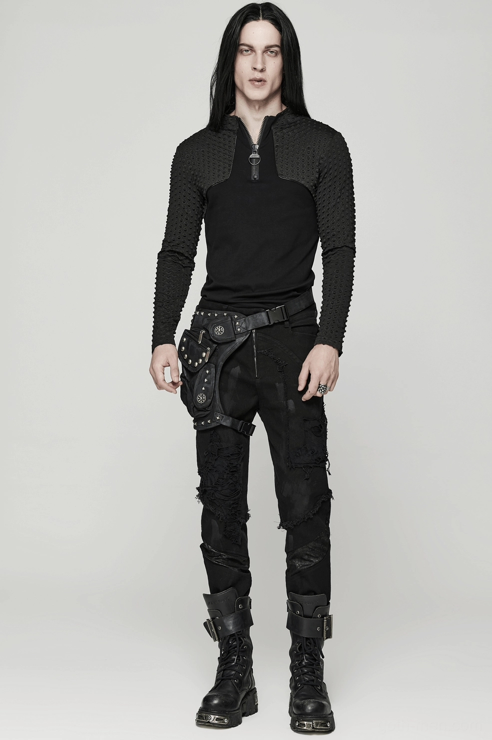 Black gothic waist bag distressed fabric texture and brush finish detail with metal studs and punk aesthetic