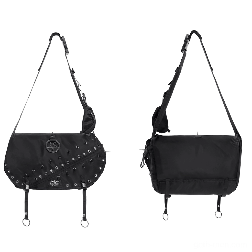 Flat lay dual view of black gothic messenger bag front and back, pentagram charm and studded details visible