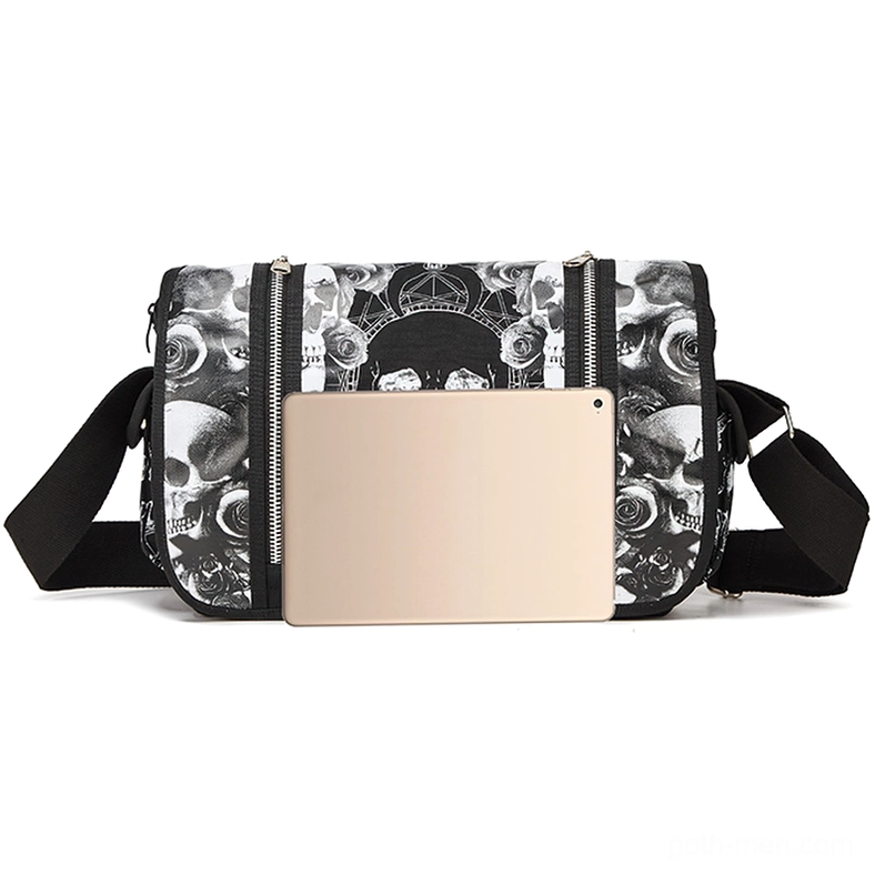 Black gothic handbag interior capacity display, showing tablet-sized compartment and printed exterior pattern