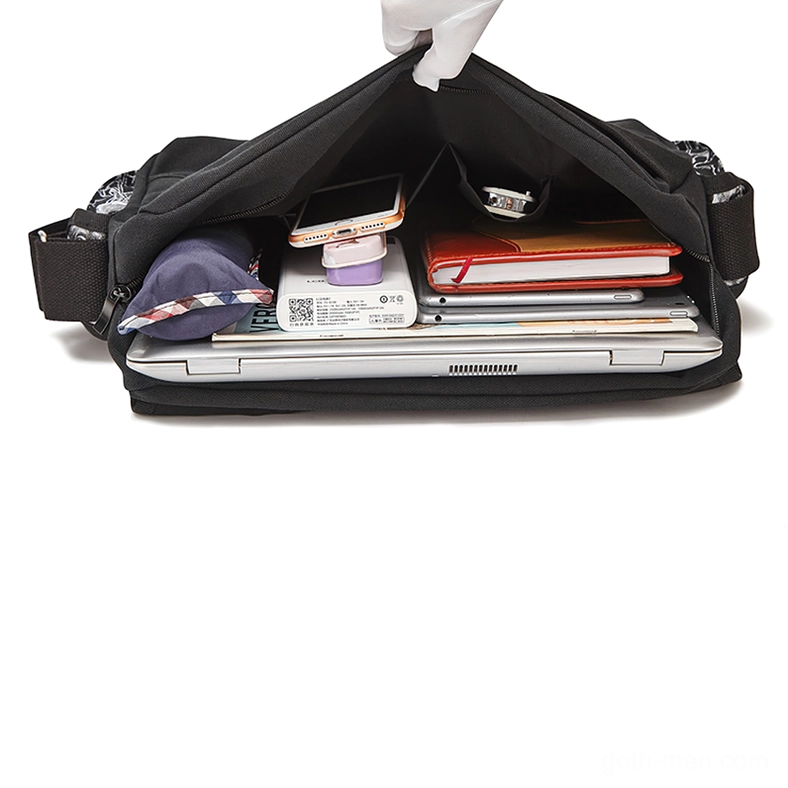 Gothic handbag interior capacity display showing large main compartment, fits laptop and stationery organization