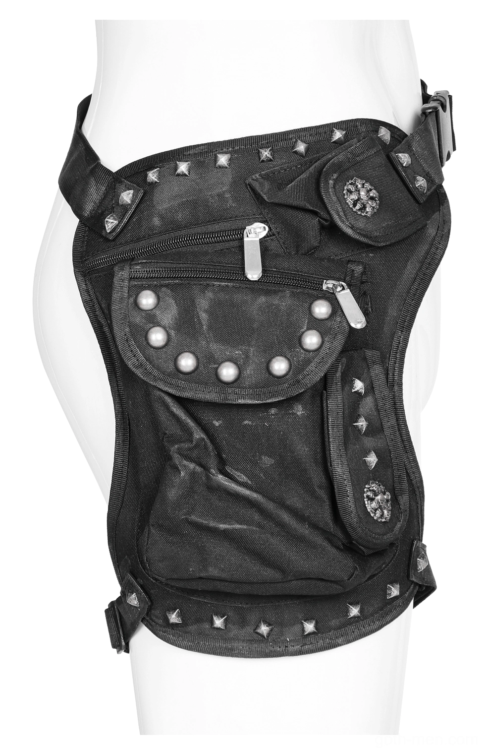 Black gothic thigh bag close-up on mannequin showing round metal studs, star-shaped rivets, and distressed fabric texture
