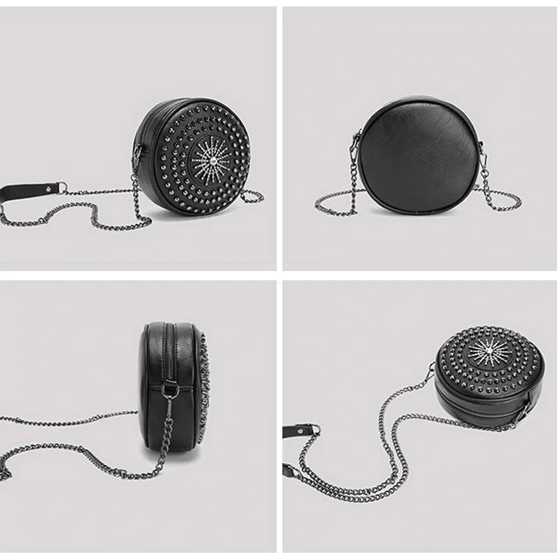 Multiple angles of black rivet circular bag showing side view, back view, and chain strap attachment details