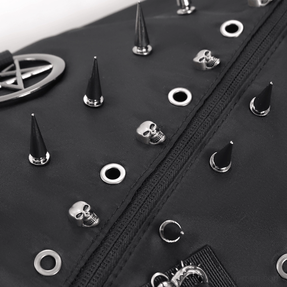 Side pocket detail view of black gothic messenger bag showing functional storage compartment