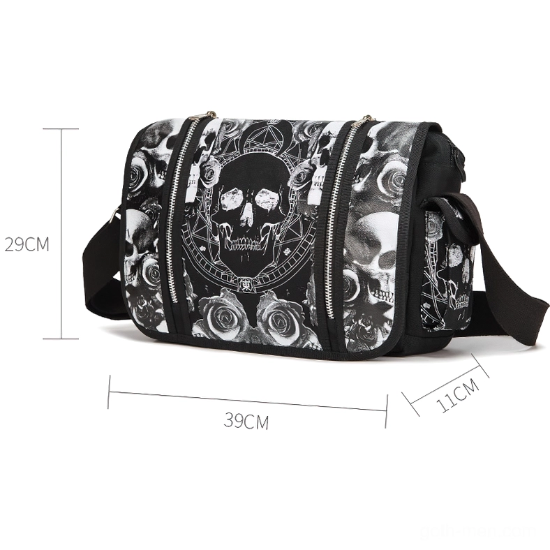 Black gothic tote bag three-quarter view with size measurements, skull and rose canvas pattern visible